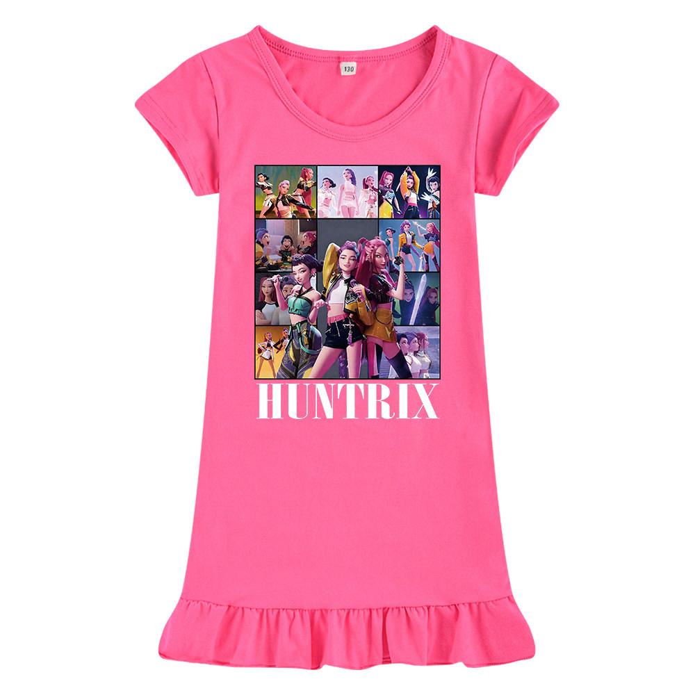 M1223 Kids Girls Kpop Rumi Zoey Mira Print Short Sleeves Ruffle Dress