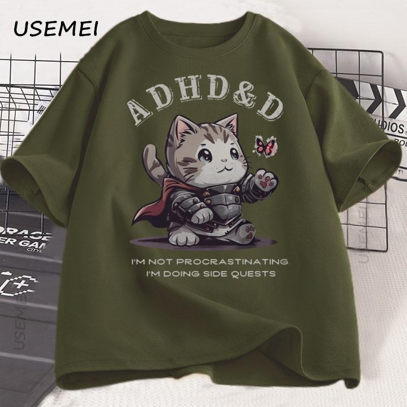 ADHD&D I'm Not Procrastinating Cat T-shirt Funny Graphic Printed Tshirts Cotton Short Sleeve Summer Loose Tees Oversized Tops