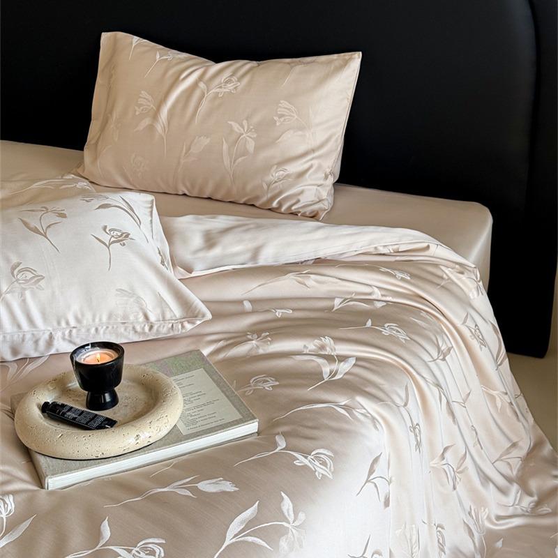 Light Luxury Lenzing Tencel Four-Piece Set, Summer Lyocell Jacquard Flower Quilt Cover, Ice Silk Nude Single Three-Piece Set