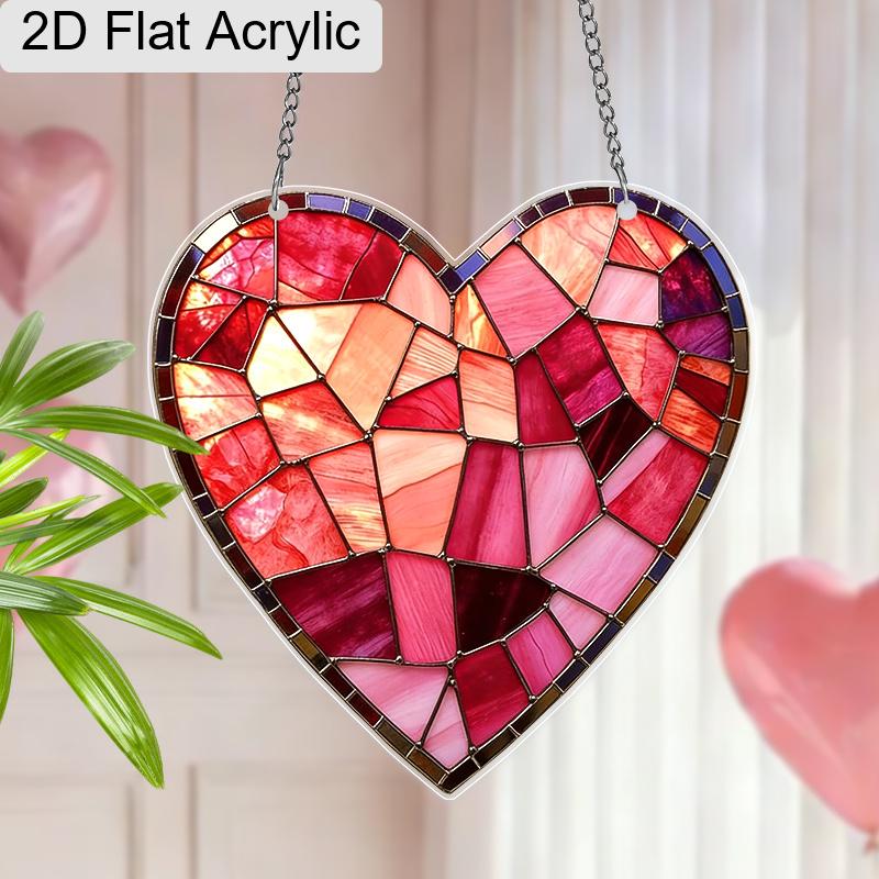 Acrylic Stained Glass Style Heart Suncatcher, 2D Flat Acrylic Window Hanging Ornament for Valentine's Day & Love Themed Gifts