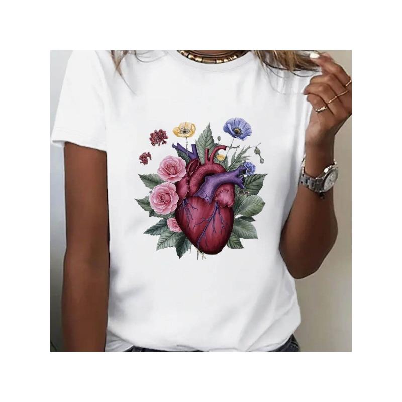 

European Size Women s White Anatomy Heart & Vein Print T-Shirt - Loose Fit A-Line Short Sleeve 4XL