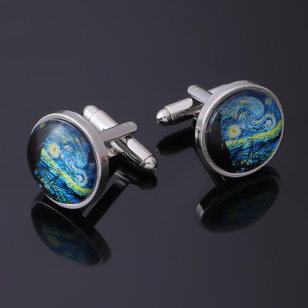 Funny Glass Cabochon Art Picture Cufflinks Van Gogh The Starry Night Pattern Round Sleeve Button