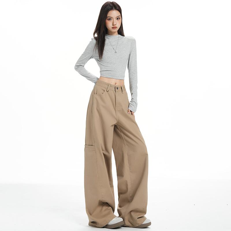 "High Quality" khaki overalls women's 1116 spring new casual wide-leg straight denim trousers lengthened 69