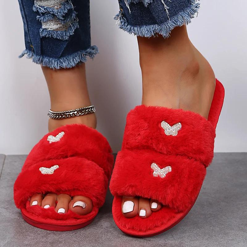 Fashion Stylish Thicken Plush Flat Slippers for Women House Bow Knot Decor Flat Slippers Woman Winter Non Slip Comfort Sandals Female