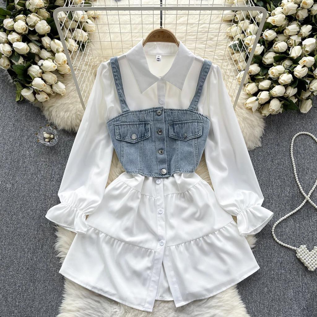 Koreansk Seriekläder Återupplivande Tvådelat Set Topp Retro Kort Jeansväst Trendigt Allmatchande Mellanlångt Skjortset