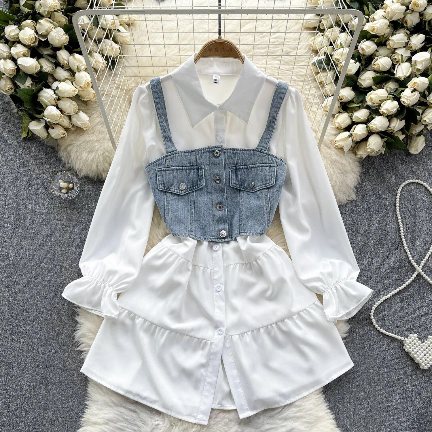 

Корейская серия, уменьшающий возраст, комплект из двух предметов, короткий джинсовый жилет в стиле ретро, ​​модный универсальный комплект рубашек средней длины One Size синий