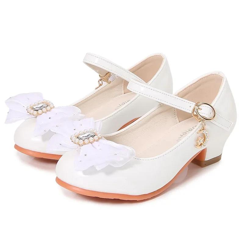 Spring Autumn Children High Heels Sweet Princess Causal Girls Party Dresses Shoes Fashion Bowknot Elegant Kids' Leather Shoes