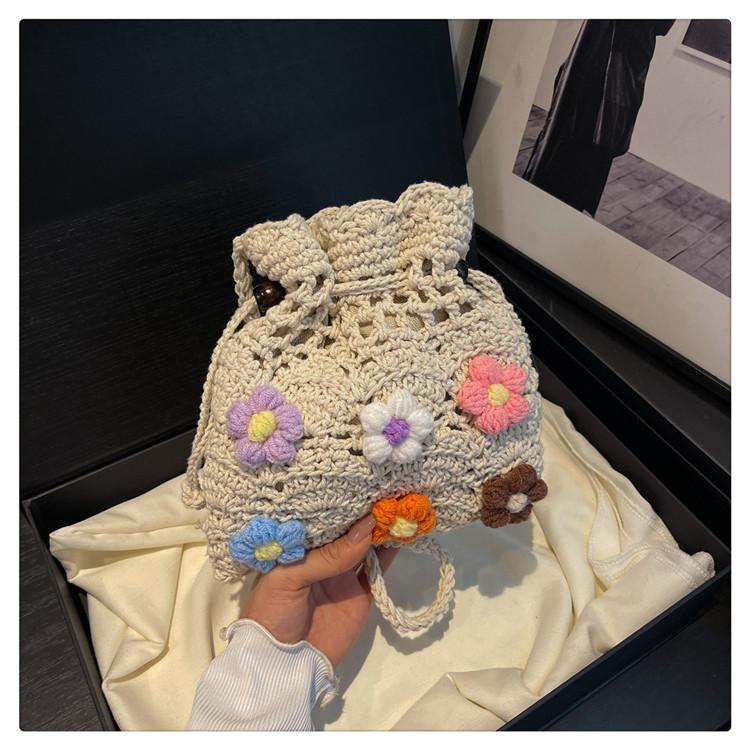 Crossbody Cotton Thread Knitted Bag New Versatile Hollow Flower Bucket Bag Vacation Beach Women's Bag