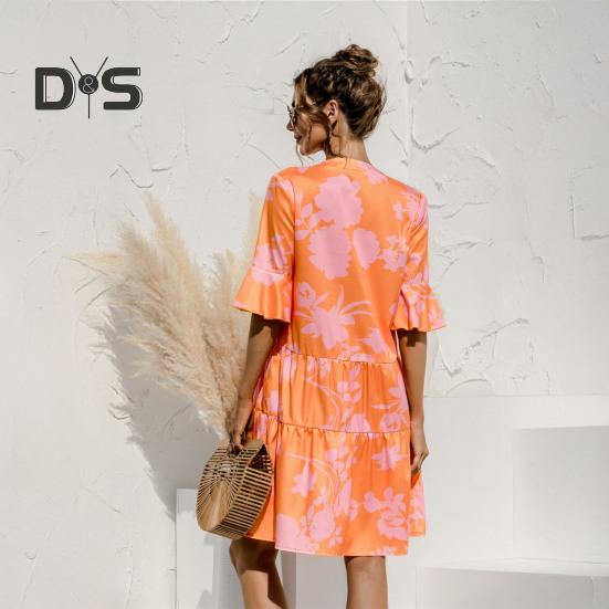 Women's Summer Mini Dress Puff Short Sleeve V Neck Pleated Dress Boho Printed A-Line Short Dress Beach Vacation Tiered Flowy Sundress