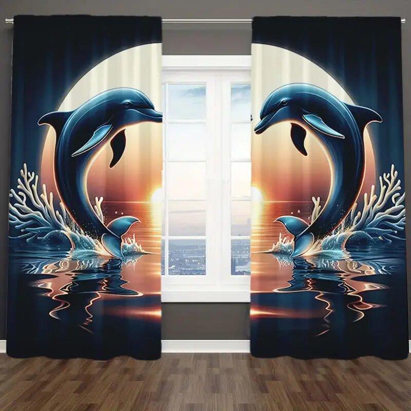 Set Of 2 Dolphin Jump Print Pole Bag Curtains Bedroom Kitchen Decoration Home Living Room Curtain For Great Made Polyester