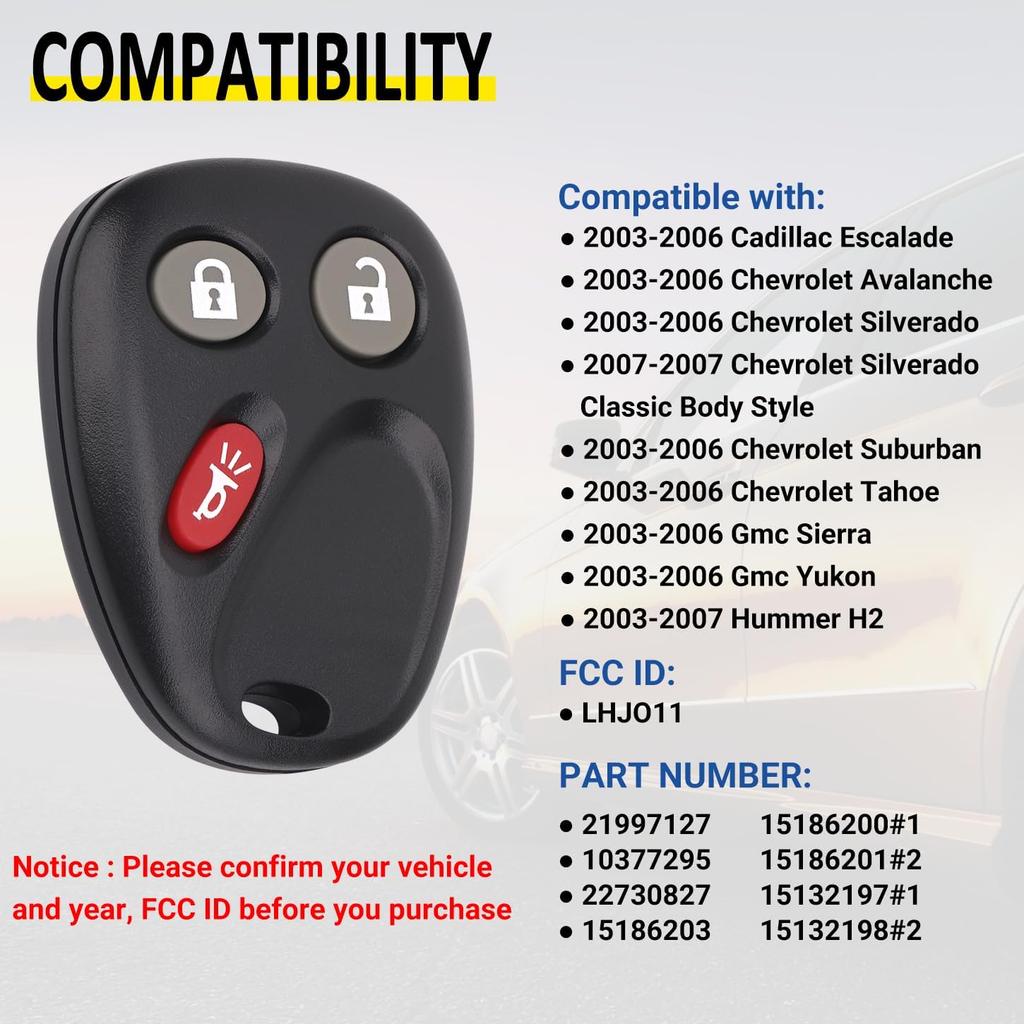Keyless Entry Remote Key Fob Compatible with Chevy Tahoe Suburban Silverado Avalanche, GMC Sierra Yukon, Cadillac Escalade, Hummer H2 2003 2004 2005