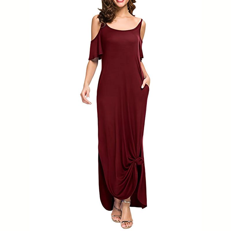 Vestito estivo da donna a maniche corte con spalle scoperte, tinta unita, largo e irregolare, con tasca