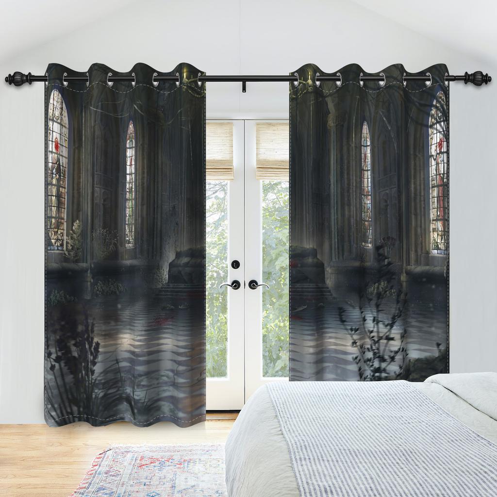 2pcs/set Horror Halloween Window Curtain Full Moon Night Tomb Iron Gate Back Room Home Bedroom Decor Blackout Polyester Curtains