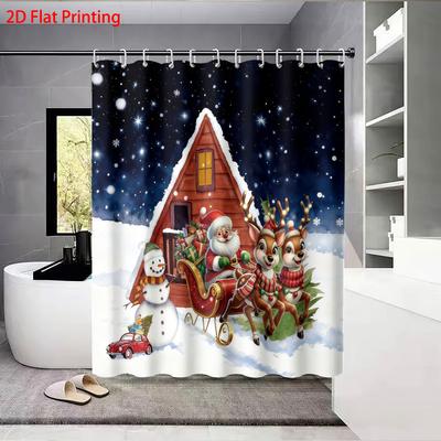 1Pc Merry Christmas, Christmas Town Printed Waterproof Shower Curtain With 12 Hooks, Multiple Sizes Machine Washable