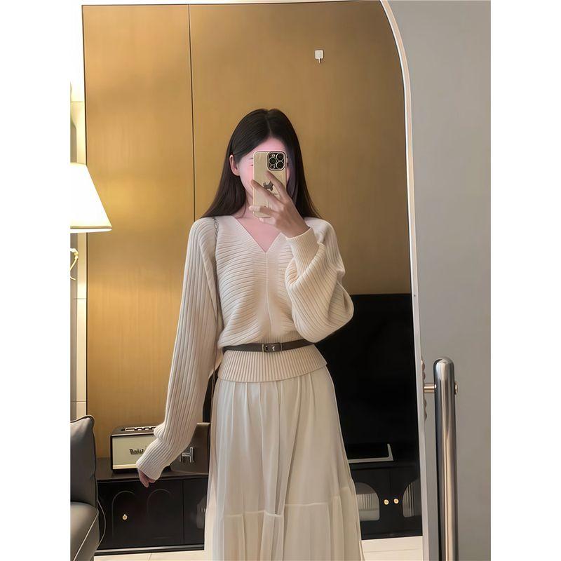 Kumikumi Fashion Suit Elegant Anti-Aging Long Sleeves Knitwear Female Fall High Waist All-Match Tutu Two-piece Set