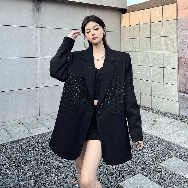Spring Autumn High Sense Black Blazer Women Light Luxury Rhinestone Niche Design Padded Shoulder Oversized Trendy Fashion Coat
