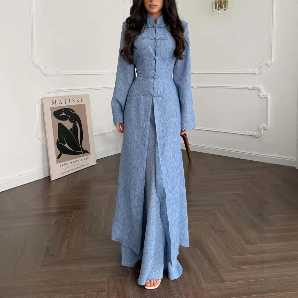  Spring and Autumn New European, American Amazon Cross-border Stand-up Collar Chinese Button Long Jacket Dress Set