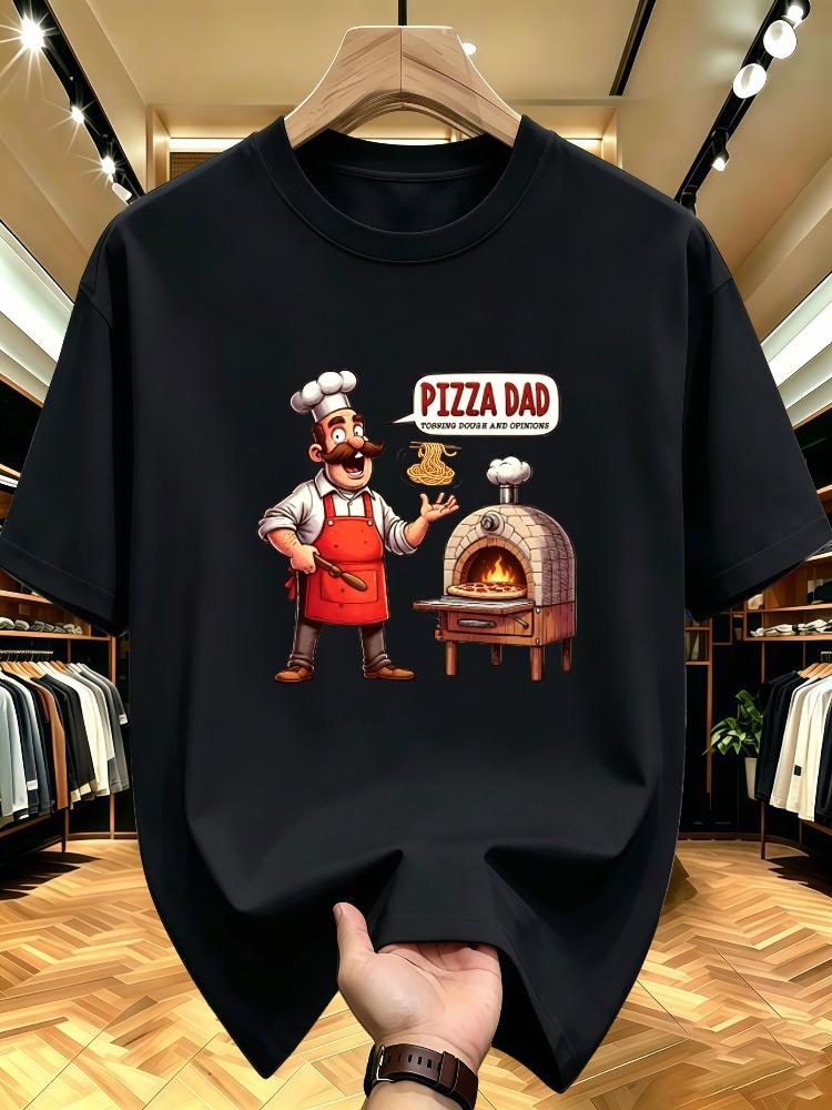 Unisex O Neck Tee Funny Pizza Dad Chef Cartoon Print Cotton Short Sleeve Loose Summer Street Breathable Daily Casual Basic Wear Top