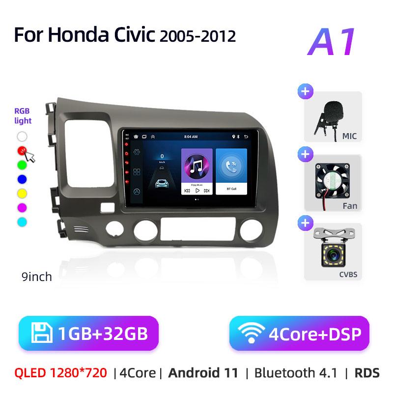 9" Android 12 Carplay Car Stereo Radio for Honda Civic 8 2005 - 2012 Multimedia Player Navigation GPS 2 Din 4G Audio DVD