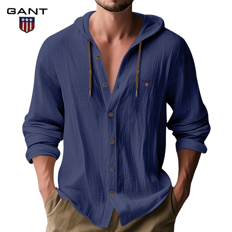 Gant Embroidery Men's Solid Color Casual Long Sleeved Shirt Hooded Drawstring Cotton and Linen Cardigan Trendy Versatile Loose Beach T-shirt