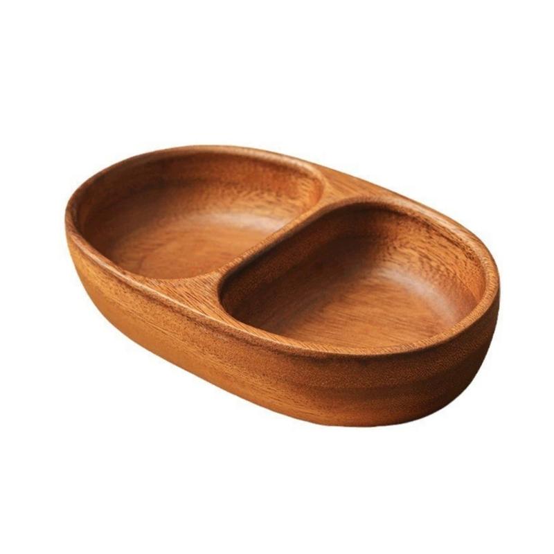 Wood Divided Serving Tray Appetizer Platter Snacks Tray with Dining Grid Round Serving Dishes Nut Holder Platters