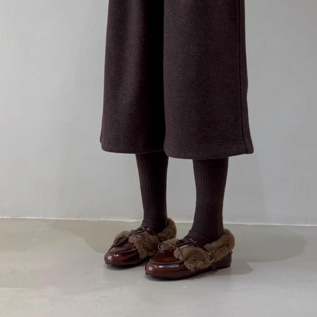 Autumn and winter bow velvet Mary Jane fluffy shoes women's warm small leather shoes