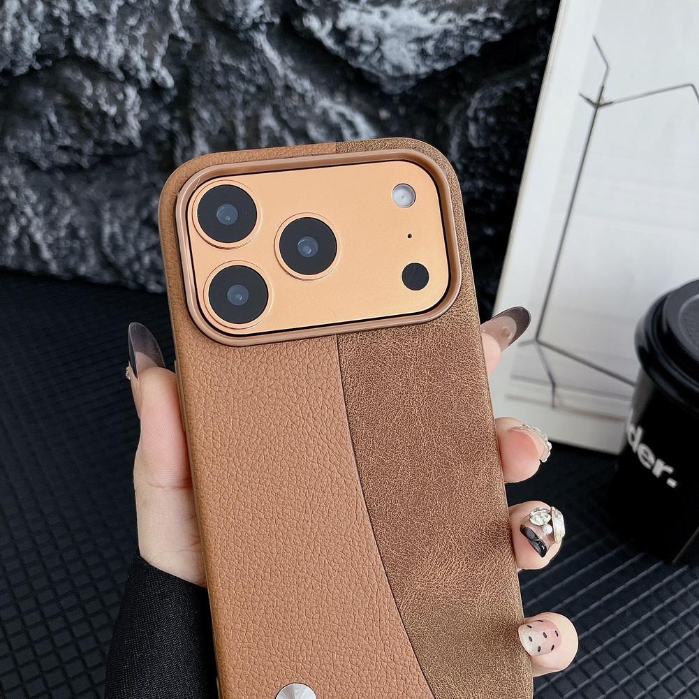 Leather Texture and Plain Leather Splicing Lens Heightening Protective Case for iPhone17 Pro Max 17 Pro 17 Air 16 15 14 13 Cover