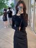 Autumn Wear Suit Simple Bottomed Cotton Top Temperament High Waist and Thin Tooling Skirt