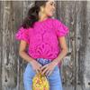 Fashion Embroidered Lace Blouses Shirts Women Casual Puff Sleeve Pullover Lady Summer Vintage O-Neck Blusa Streetwear