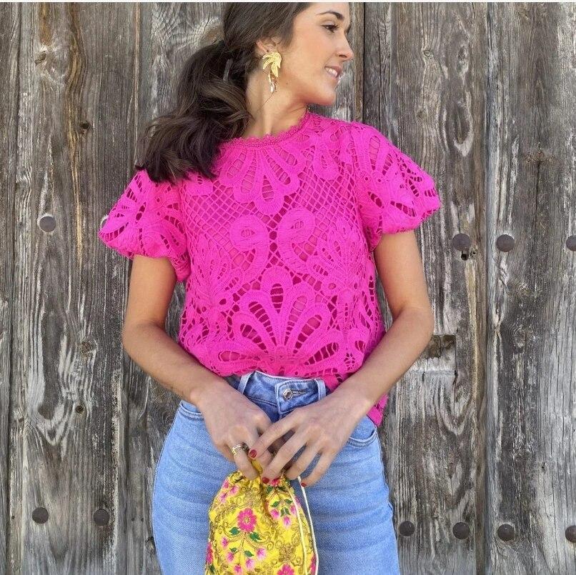 Fashion Embroidered Lace Blouses Shirts Women Casual Puff Sleeve Pullover Lady Summer Vintage O-Neck Blusa Streetwear