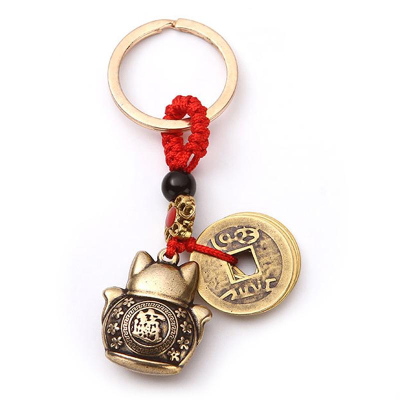 Lucky Cat Five Emperors Money Keychain Feng Shui Coins Solid Lucky Car Key Rings
