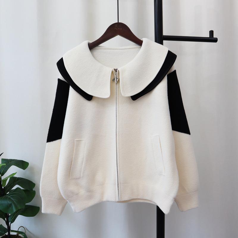 Doll collar design sense contrasting color knitted double-sided tweed jacket autumn and winter new loose and thin sweater cardigan women
