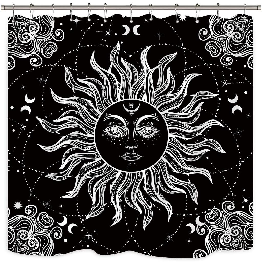 Mandala Celestial Shower Curtain Boho Moon Star Black And White Waterproof Polyester Fabric Bathroom Curtains Home Decor Hooks