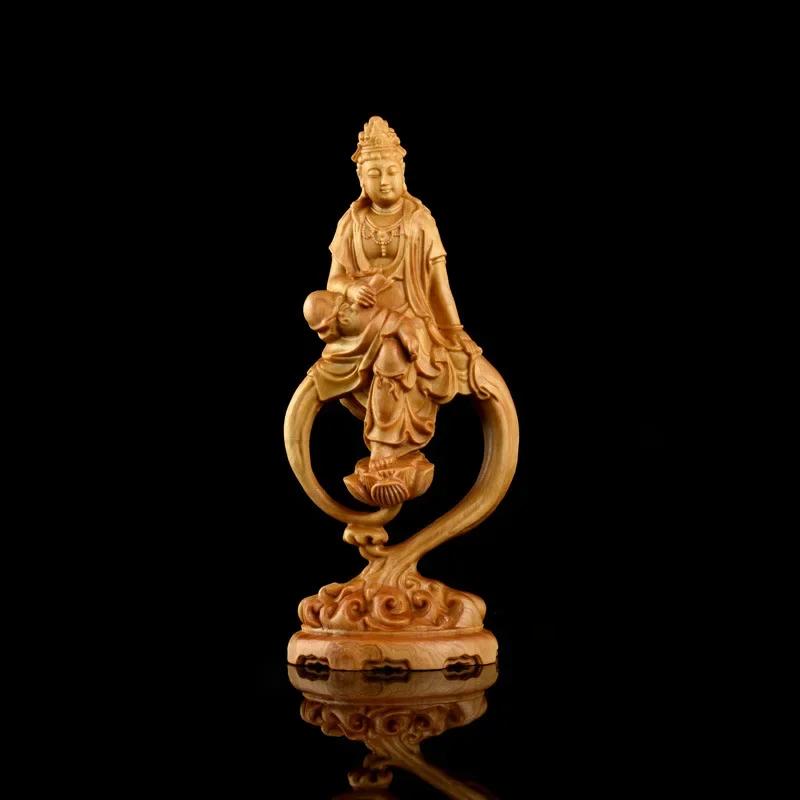 Wooden Guanyin Buddha Bodhisattva Statue Hand-Carved , Buddhism Figure Home Room Office Feng Shui Statue