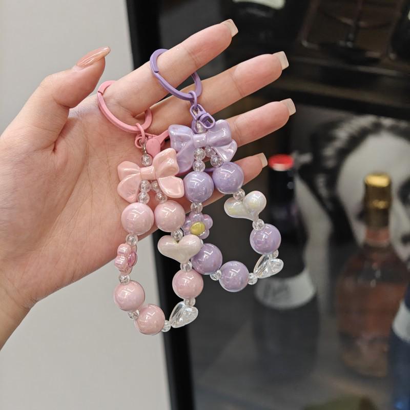 Colorful Beaded Bow Heart Keychain Pendant