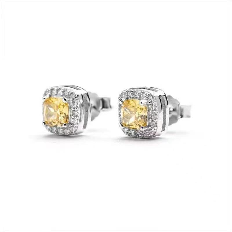 925 Silver Needle Men's Yellow Diamond Zircon Earrings, European & American Hip-Hop Style, High-End Unisex Jewelry.