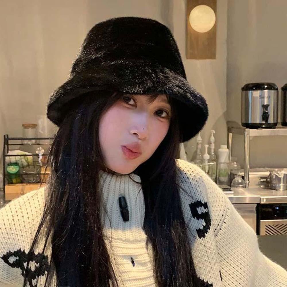 Temperament Winter Fisherman Hat Imitation Mink Fur Anti-cold Bucket Hat Plush Basin Cap  Cycling