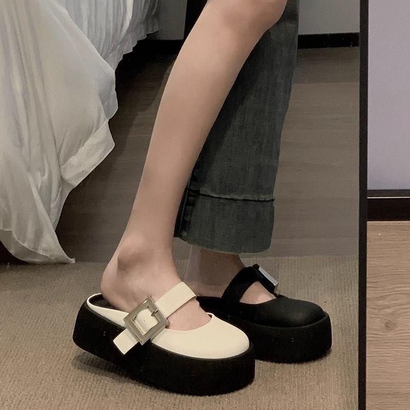 Design sense bag head heightened thick bottom half slippers women's summer wear new niche belt buckle breathable sandals