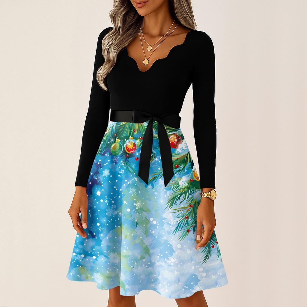 Women's Casual Fashion Long Sleeve Christmas Graphic Printed Vintage Long Dresses