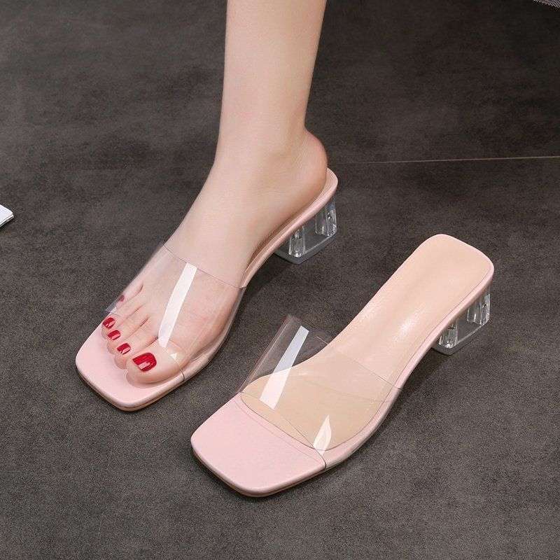 Fairy cool slippers female summer 2025 new fashion outer wear square head thick heel medium heel temperament one word high heel sandals tide