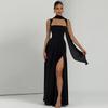 Women Navy Blue Halter Neck Sleeveless Bodycon Maxi Dress with High Slit