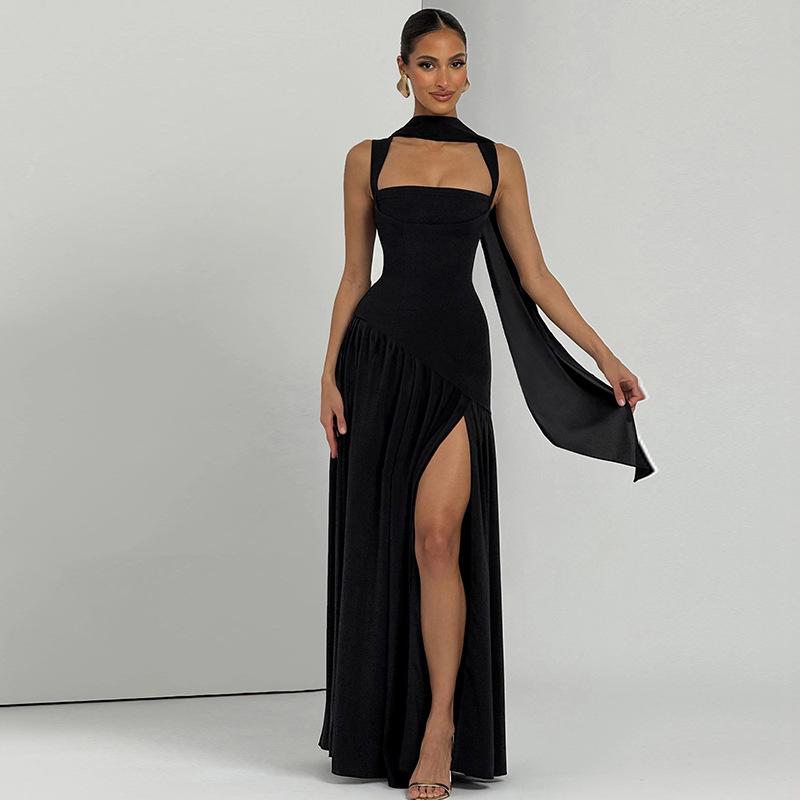 Women Navy Blue Halter Neck Sleeveless Bodycon Maxi Dress with High Slit