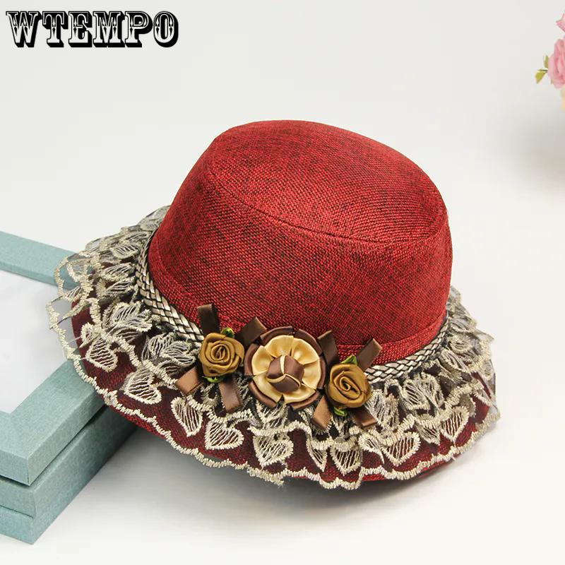 

WTEMPO Party Dacing Hats Retro Elegant Summer Beach Flowers Lace Pacthwork Hats Breathable Wide Brim Foldable Large Sun Hats 1pc