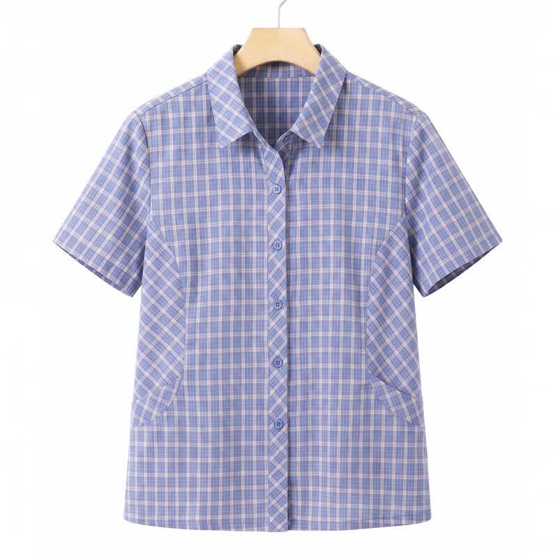 Women's Plaid Cotton Short-Sleeve Cardigan Shirt