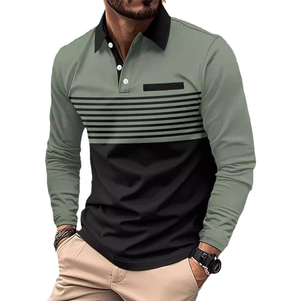 New Spring and Autumn Men's POLO Shirt Long-sleeved Striped Printed Men's Casual Polo Shirt Men's T-shirt Tops