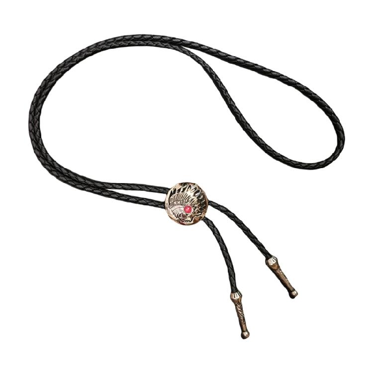 Western Shoestring Necktie Braided Belt Tie Cool Charm Engraved Stone Pendant for Women Men