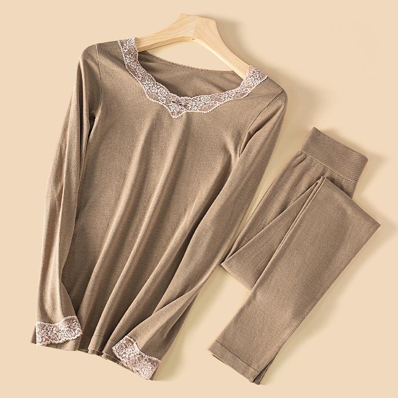 Women's V-Neck Lace Thermal Underwear Set - German Velvet & Sheep Wool, Slim Fit, Autumn/Winter Collection