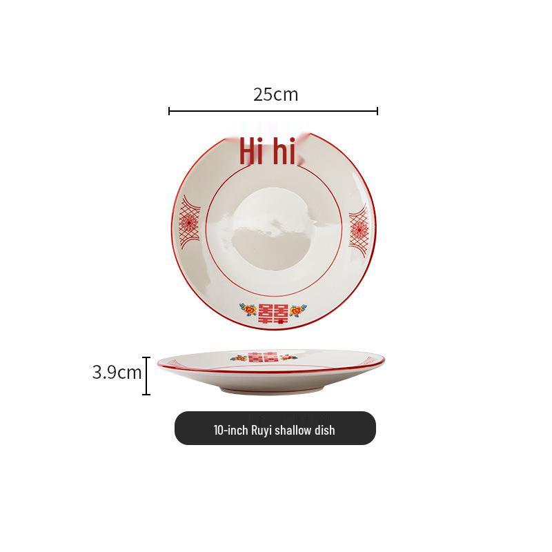 Set di Piatto Rotondo Rosso Ceramica Retrò Doppia Felicità - Piatto Basso, Piatto Piatto, Piatto per Hot Pot, Piatto per Carne, Piatto per Salsa e Piatto per Pesce per Tavola da Ristorante.