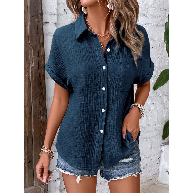 European American Women's Cotton Shirt - 2026 Summer Collection: Solid Color Casual Button-Up