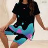 Women Plus Size 2 Piece Set Crew Neck Short Sleeve Side Slit Top Biker Shorts Red Blue Gold Star Paint Print Outfit